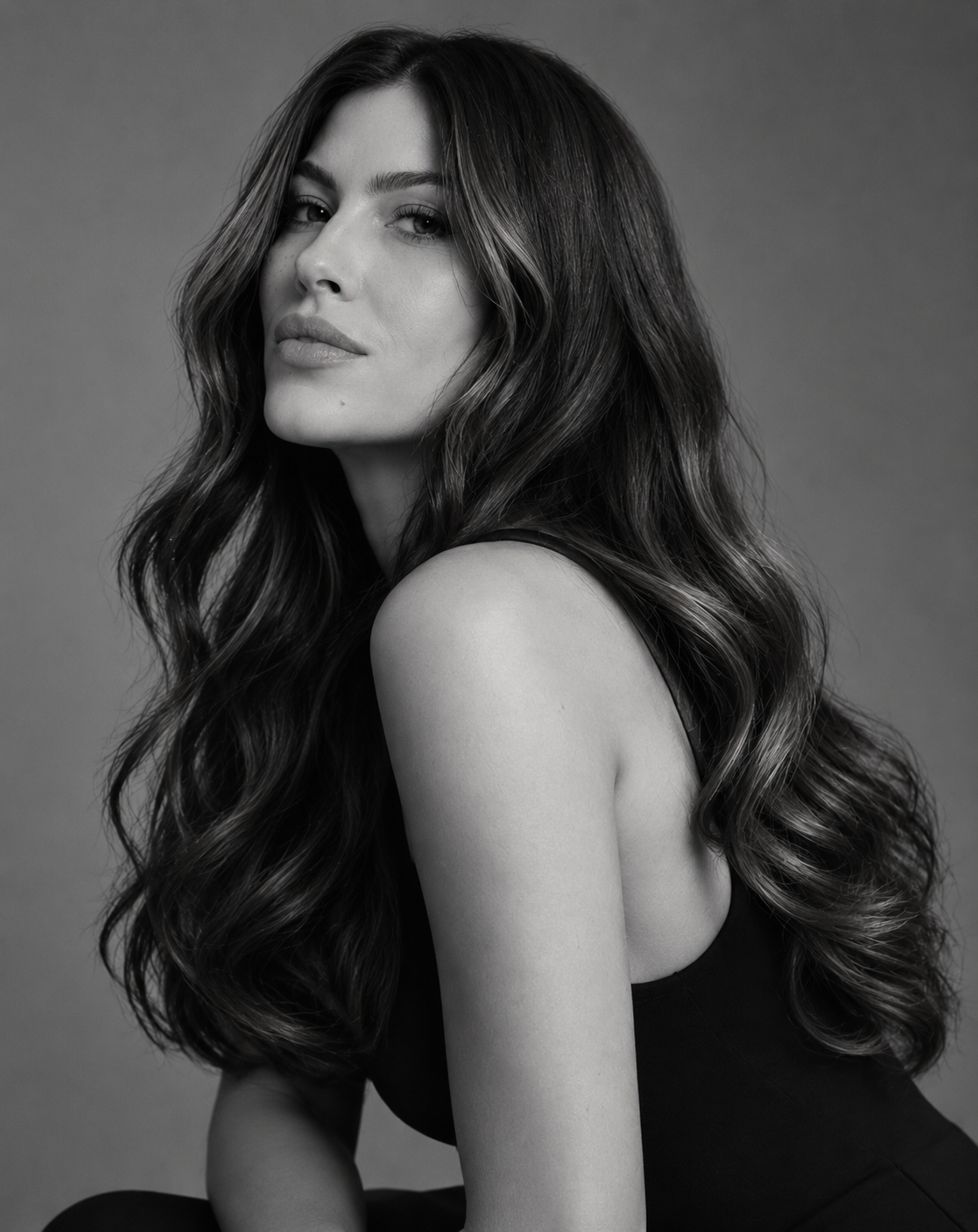 Cabello largo con ondas, retrato editorial